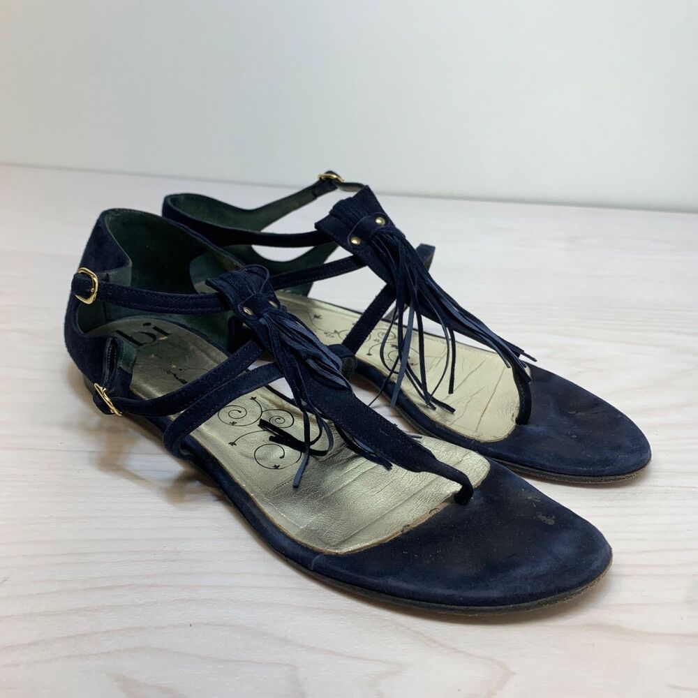 Tibi Fringe Thong Sandals Womens Size 9B Navy Blue Suede Leather
